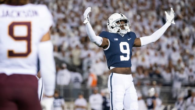Penn State cornerback Joey Porter Jr. gestures to Lions fans against Minnesota at Beaver Stadium.